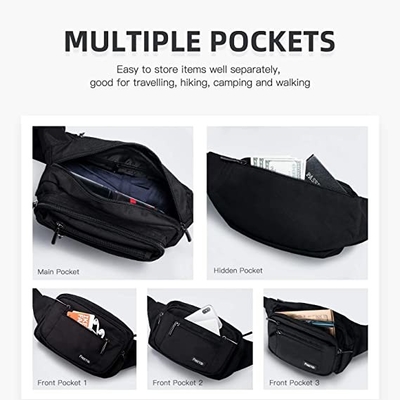 Sac de taille de résistant à l'eau de femmes de Bum Fashion Fanny Pack Men avec 6 poches fermées la fermeture éclair